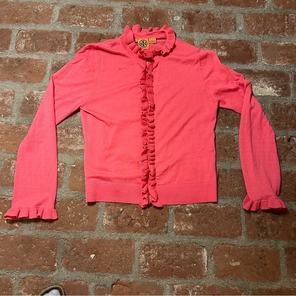 Tory Burch Bright Pink Ruffle Wool Cashmere Button Up Knit Cardigan Sweater XL - Picture 1 of 16